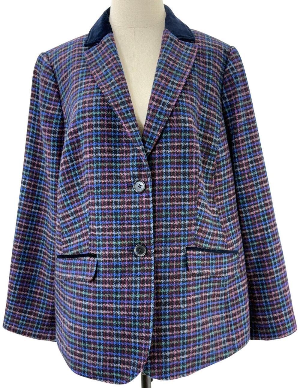 Talbots Plus 14W Wool Blazer Blue Plaid Lined Career Jacket Women
